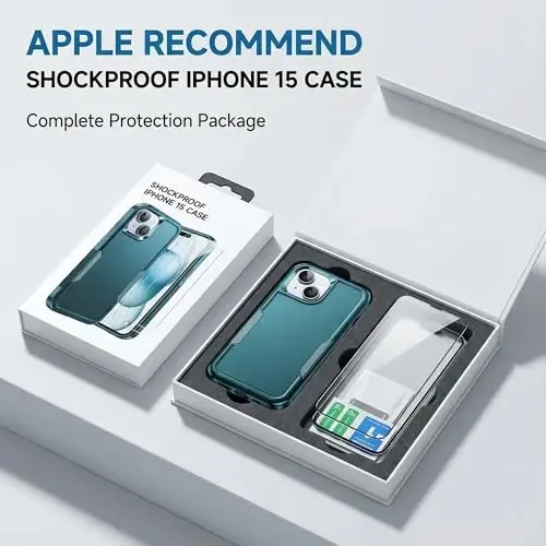 AEDILYS iPhone 15 uchun zarbga chidamli g'ilof, [15 FT harbiy standartga muvofiq zarbadan himoya], 2X [temperli oynali ekran himoyachisi] havo bamperlari bilan to'liq himoya telefon g'ilofi, qora yashil 