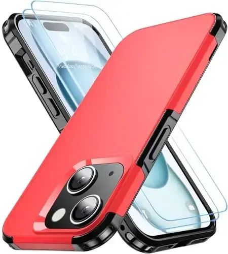 AEDILYS Shockproof for iPhone 15 Case, [15 FT Military Grade Drop Protection], with 2X [Tempered Glass Screen Protector ] with Air Bumpers Full-Body Protective Phone Case, Red Black - 1
