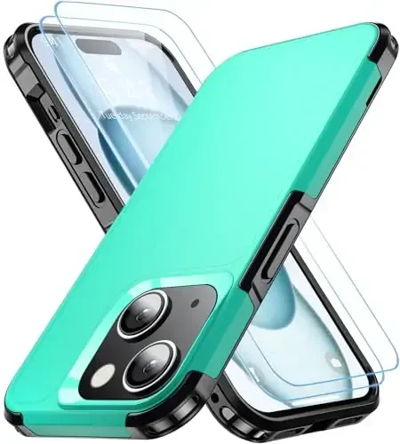 AEDILYS Shockproof for iPhone 15 Case,[15 FT Military Grade Drop Protection],with 2X [Tempered Glass Screen Protector ] with Air Bumpers Full-Body Protective Phone Case, (Green Black) 
