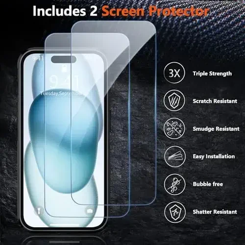 AEDILYS Shockproof for iPhone 15 Case,[15 FT Military Grade Drop Protection],with 2X [Tempered Glass Screen Protector ] with Air Bumpers Full-Body Protective Phone Case, Mysterious Black - 6