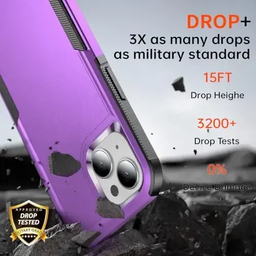 AEDILYS Shockproof for iPhone 15 Case,[15 FT Military Grade Drop Protection],with 2X [Tempered Glass Screen Protector ] with Air Bumpers Full-Body Protective Phone Case -Purple - 3
