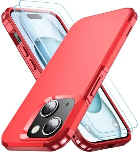 AEDILYS Shockproof for iPhone 15 Case,[15 FT Military Grade Drop Protection],with 2X [Tempered Glass Screen Protector ] with Air Bumpers Full-Body Protective Phone Case, Red - 1