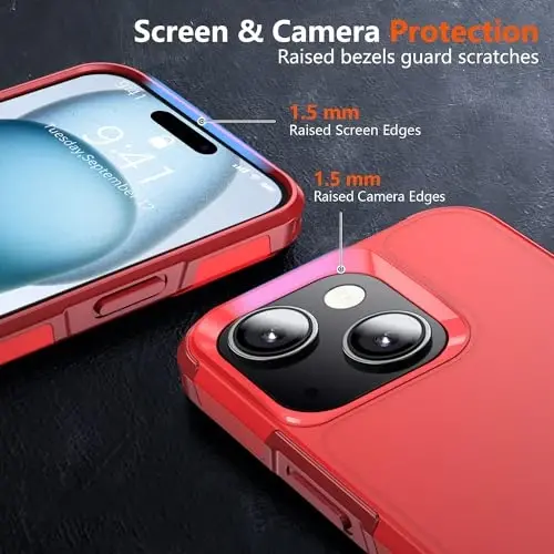 AEDILYS Shockproof for iPhone 15 Case,[15 FT Military Grade Drop Protection],with 2X [Tempered Glass Screen Protector ] with Air Bumpers Full-Body Protective Phone Case, Red - 3