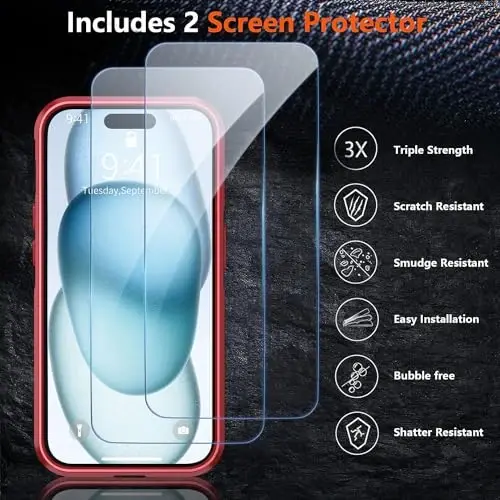 AEDILYS Shockproof for iPhone 15 Case,[15 FT Military Grade Drop Protection],with 2X [Tempered Glass Screen Protector ] with Air Bumpers Full-Body Protective Phone Case, Red - 4