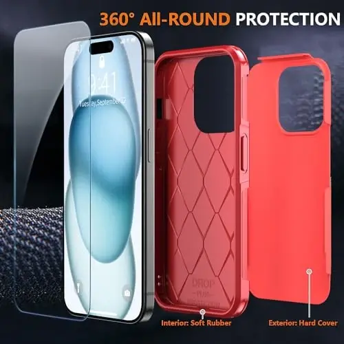 AEDILYS Shockproof for iPhone 15 Case,[15 FT Military Grade Drop Protection],with 2X [Tempered Glass Screen Protector ] with Air Bumpers Full-Body Protective Phone Case, Red - 5