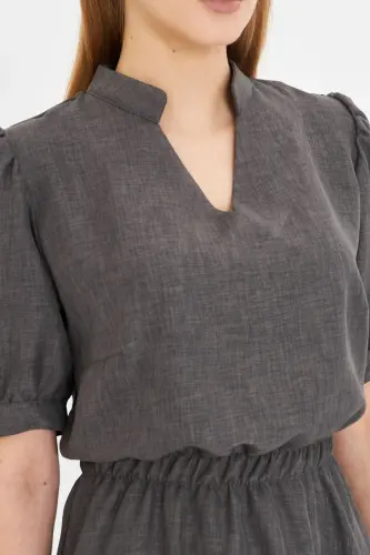 Аёл фуме V йўқа бели резинкали қисқа елли клош кўйлак - 3