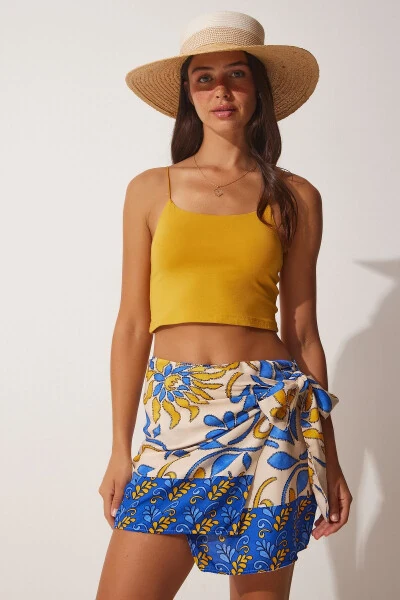 Аёл кўк беже нақшли боғламали мини вискоза юбка FN03063 - 4