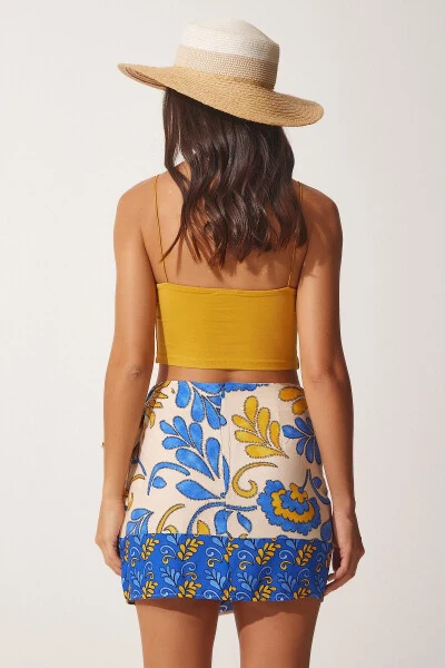 Аёл кўк беже нақшли боғламали мини вискоза юбка FN03063 - 6