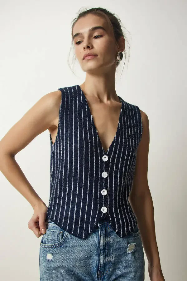 Аёл кўк чизиқли шардонли трико жилет WF00058 - 5