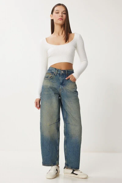 Аёл кўк юқори бел совуқ эффектли Baggy Jeans UT00027 - HAPPINESS İSTANBUL (1)