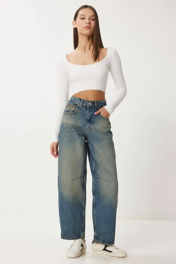 Аёл кўк юқори бел совуқ эффектли Baggy Jeans UT00027 - 2