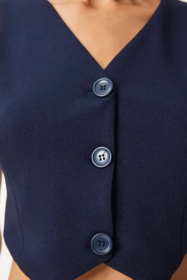 Аёл кўк V-шаклли ликрали қисқа трикотаж жилет RV00198 - 4