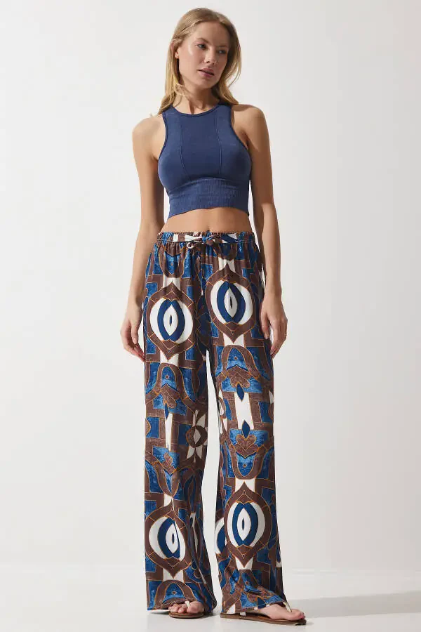 Аёл кўк-жигарранг нақшли, эркин тушувчи вискозли палаззо шими EN00606 - 2