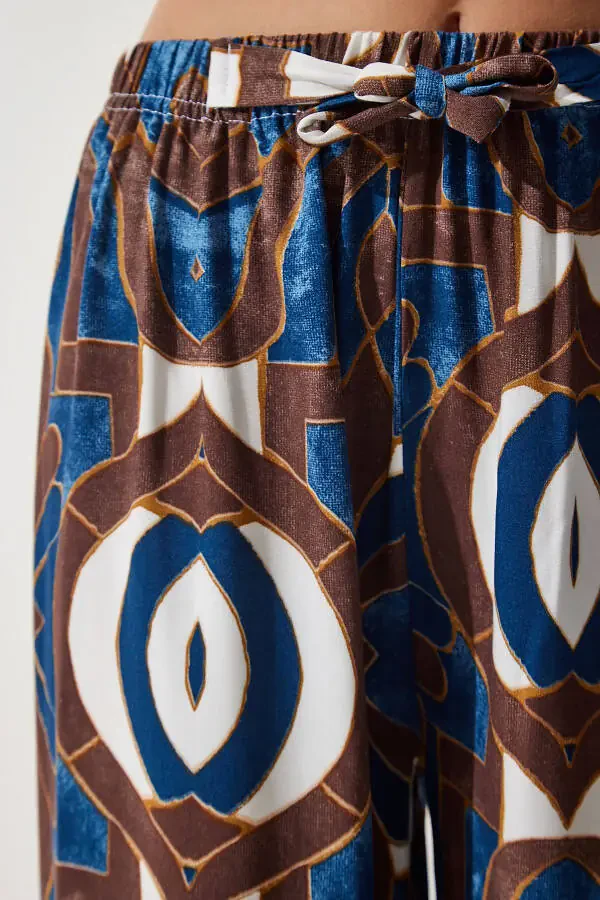 Аёл кўк-жигарранг нақшли, эркин тушувчи вискозли палаззо шими EN00606 - 5