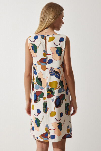 Аёл креми рангли, яшил нақшли зиғир-вискоза мини кўйлаги BH00343 - 5