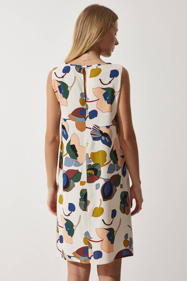 Аёл креми рангли, яшил нақшли зиғир-вискоза мини кўйлаги BH00343 - 5