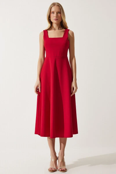 Аёл қизил квадрат ёқа A кесим кўйлак DK00169 - 1