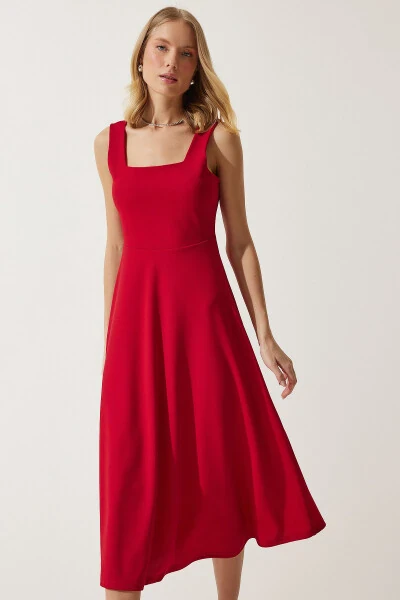 Аёл қизил квадрат ёқа A кесим кўйлак DK00169 - 4