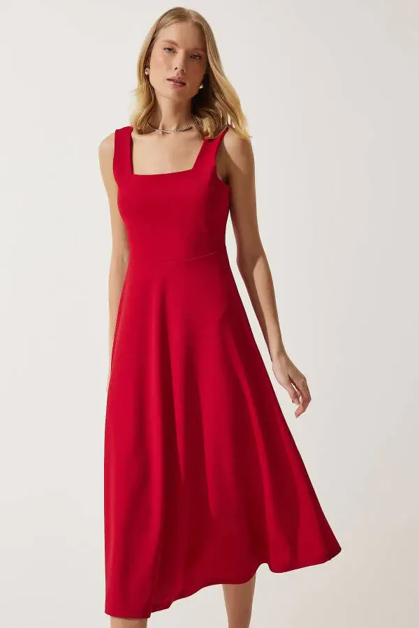 Аёл қизил квадрат ёқа A кесим кўйлак DK00169 - 4