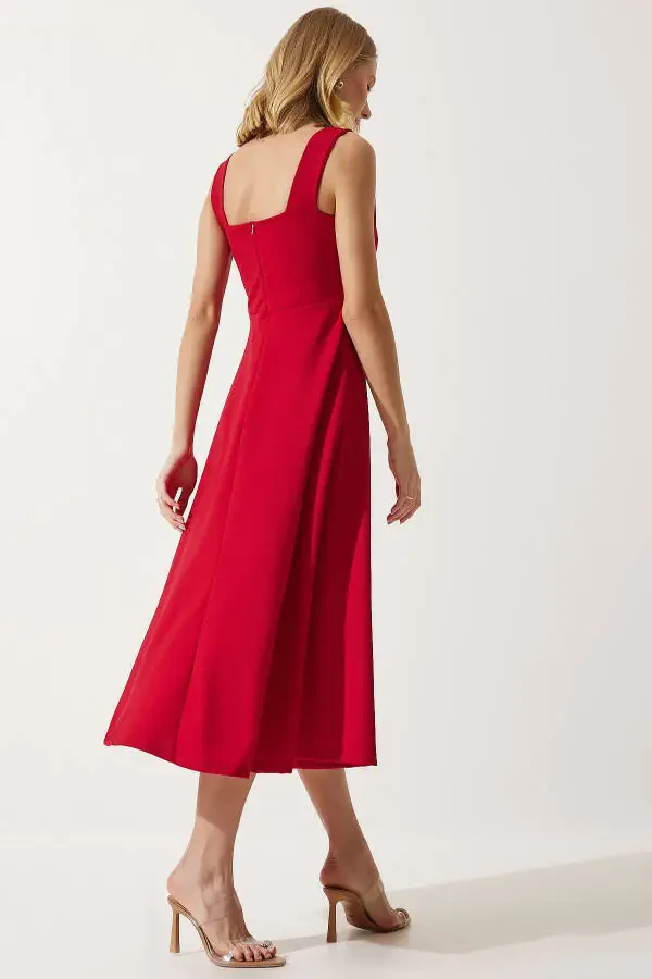 Аёл қизил квадрат ёқа A кесим кўйлак DK00169 - 6