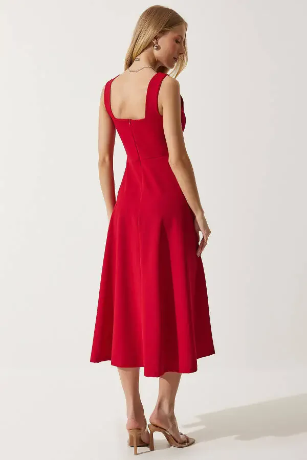 Аёл қизил квадрат ёқа A кесим кўйлак DK00169 - 8