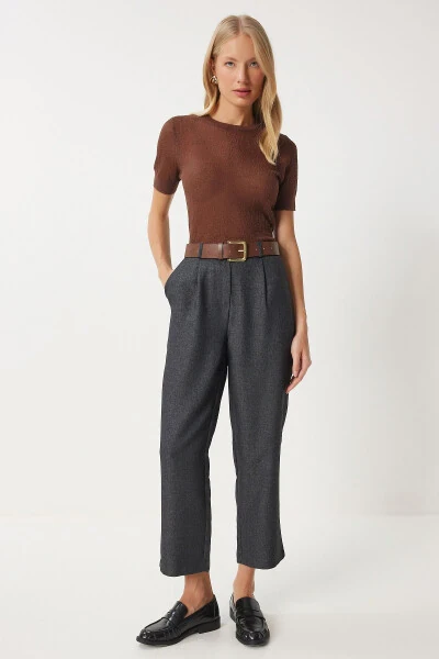 Аёллар учун антрацит рангли, йиғилган, юқори бел, тўқима шим FN03376 - HAPPINESS İSTANBUL