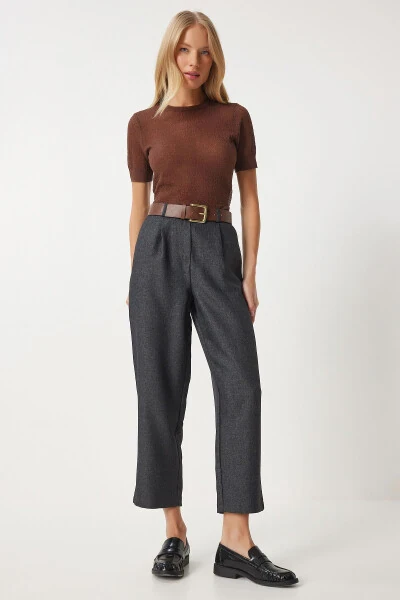 Аёллар учун антрацит рангли, йиғилган, юқори бел, тўқима шим FN03376 - HAPPINESS İSTANBUL (1)