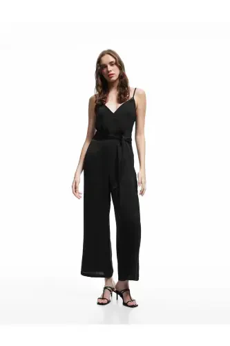 Aerobin Fabric Belt Detailed Crossover Strap Wide Leg Long Satin Jumpsuit-Black - KOTON (1)