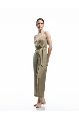 Aerobin Fabric Belt Detailed Crossover Strap Wide Leg Long Satin Jumpsuit-Light Green - 1