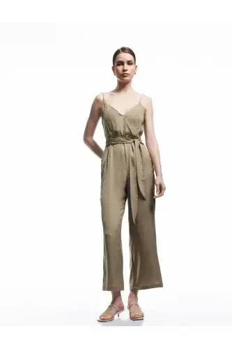 Aerobin Fabric Belt Detailed Crossover Strap Wide Leg Long Satin Jumpsuit-Light Green - 2