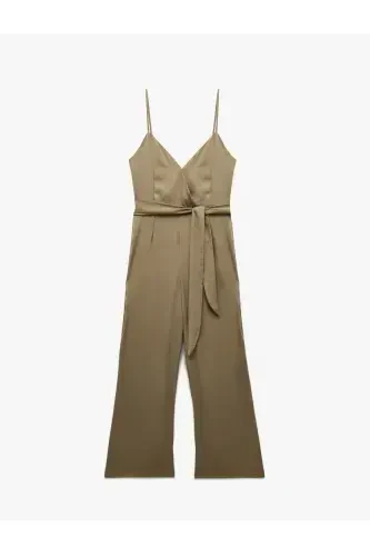 Aerobin Fabric Belt Detailed Crossover Strap Wide Leg Long Satin Jumpsuit-Light Green - 3