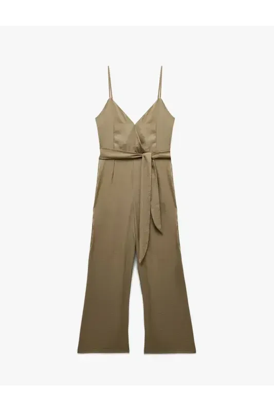 Aerobin Fabric Belt Detailed Crossover Strap Wide Leg Long Satin Jumpsuit-Light Green - 3