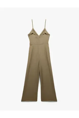 Aerobin Fabric Belt Detailed Crossover Strap Wide Leg Long Satin Jumpsuit-Light Green - 4