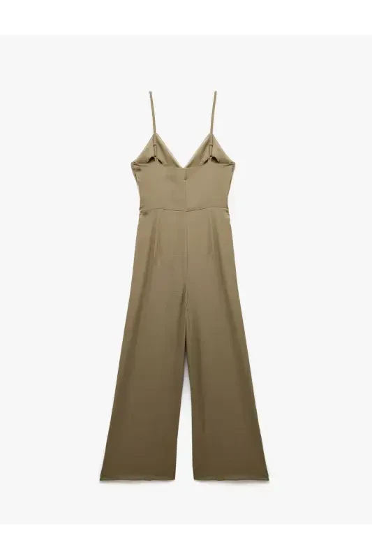 Aerobin Fabric Belt Detailed Crossover Strap Wide Leg Long Satin Jumpsuit-Light Green - 4