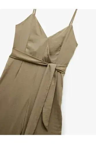 Aerobin Fabric Belt Detailed Crossover Strap Wide Leg Long Satin Jumpsuit-Light Green - 5