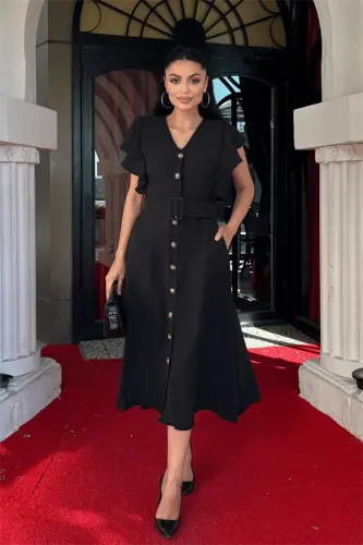 Aerobin Fabric Button Detailed Dress - BLACK - BÜYÜKBEDENIZ (1)