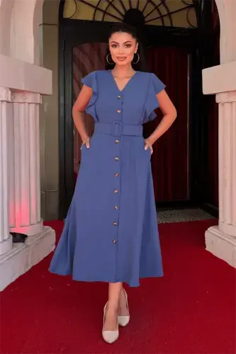 Aerobin Fabric Button Detailed Dress - INDIGO BLUE - 1