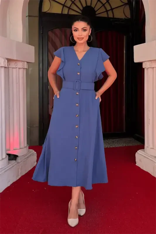 Aerobin Fabric Button Detailed Dress - INDIGO BLUE - BÜYÜKBEDENIZ