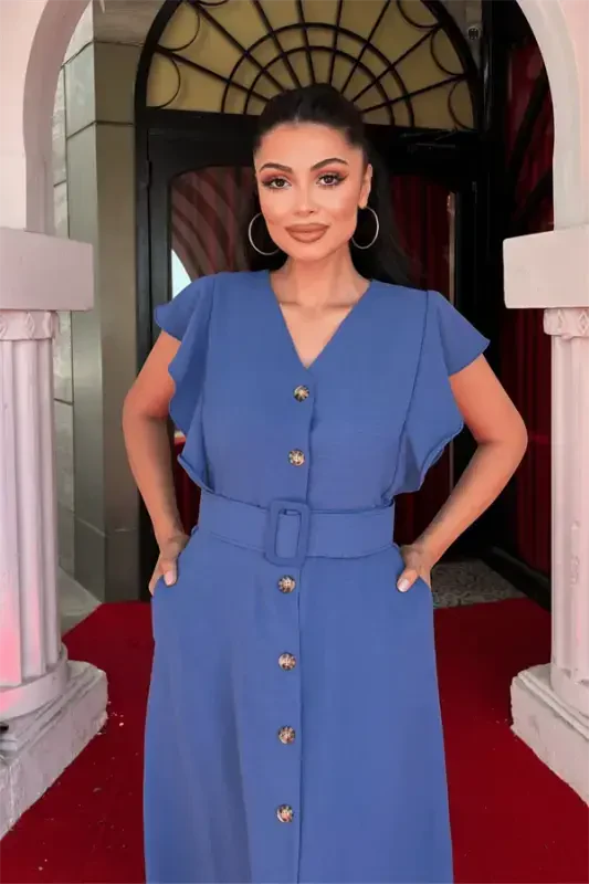 Aerobin Fabric Button Detailed Dress - INDIGO BLUE - 3