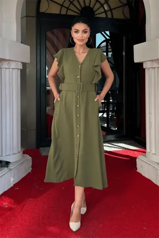 Aerobin Fabric Button Detailed Dress - KHAKI GREEN - BÜYÜKBEDENIZ