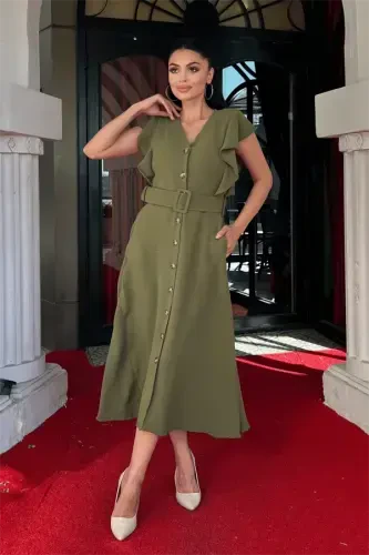 Aerobin Fabric Button Detailed Dress - KHAKI GREEN - BÜYÜKBEDENIZ (1)