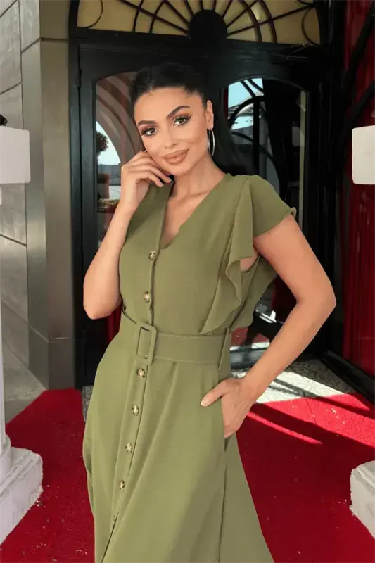 Aerobin Fabric Button Detailed Dress - KHAKI GREEN - 4