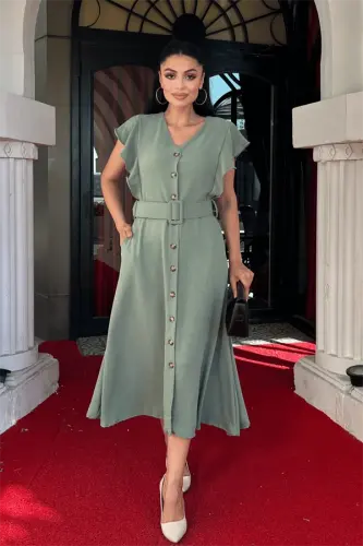 Aerobin Fabric Button Detailed Dress - MINT GREEN - BÜYÜKBEDENIZ (1)