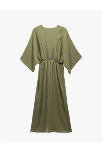 Aerobin Fabric Loose Fit Crossover Collar Half Batwing Sleeve Long Satin Dress-Light Green - 4
