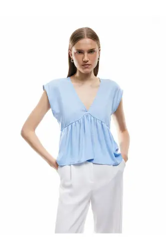 Aerobin Fabric Pleated V-Neck Sleeveless Satin Blouse-Blue 