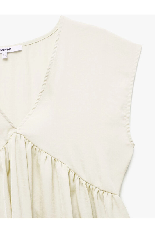 Aerobin Fabric Pleated V Neck Sleeveless Satin Blouse-Ecru - KOTON
