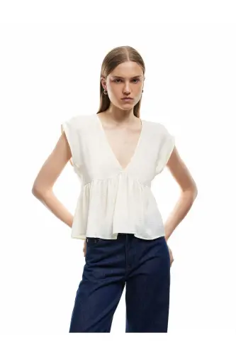 Aerobin Fabric Pleated V Neck Sleeveless Satin Blouse-Ecru - KOTON (1)