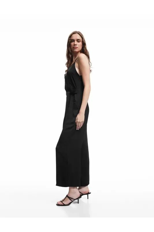 Aerobin Fabric Sash Detailed Crossover Strap Wide Leg Long Satin Jumpsuit-Black - KOTON