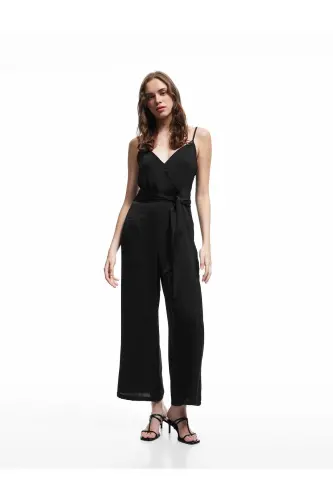 Aerobin Fabric Sash Detailed Crossover Strap Wide Leg Long Satin Jumpsuit-Black - KOTON (1)