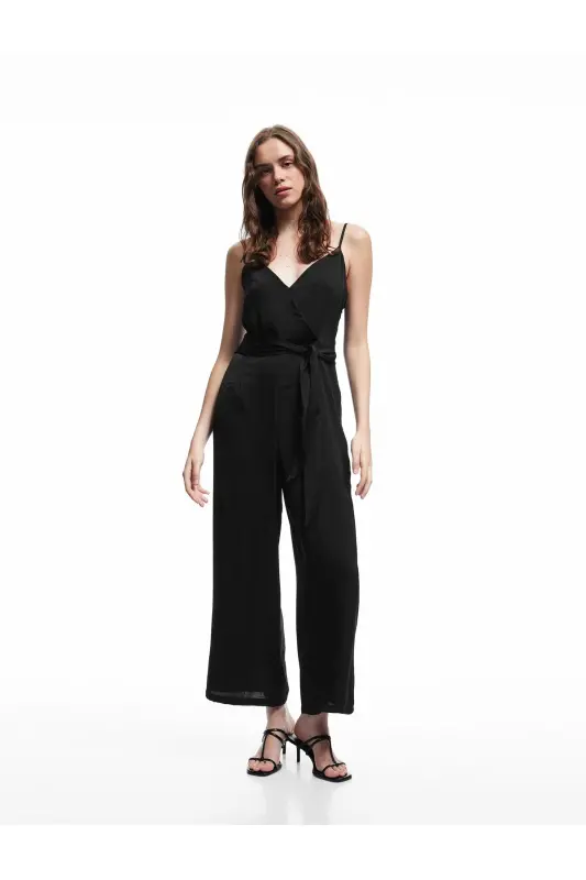 Aerobin Fabric Sash Detailed Crossover Strap Wide Leg Long Satin Jumpsuit-Black - 2